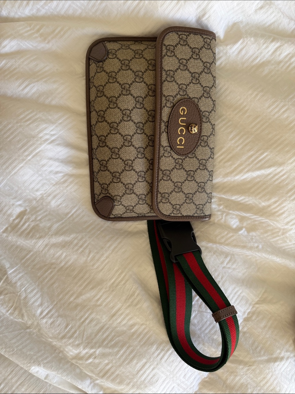 Gucci Beige GG Supreme 
 Belt Bag with Green-Red Web Strap